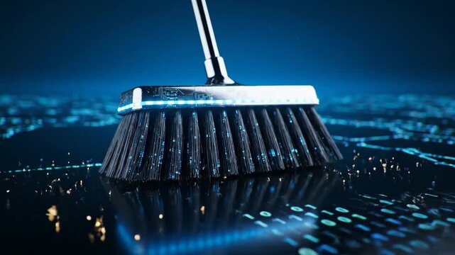 Data Cleaning Concept - A futuristic broom sweeps across a surface of binary code, creating sparks and emphasizing the concept of data cleaning or cybersecurity.