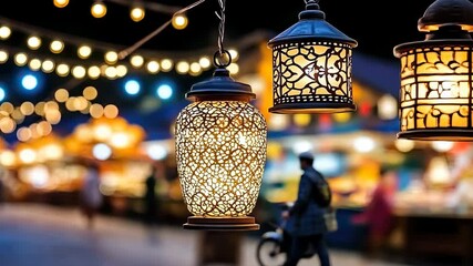 Bright lights hang above the market as people walk by and motorcycles pass through the lively night scene with lanterns glowing - Powered by Adobe