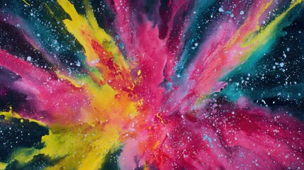 High energy watercolor burst with bright neon pigments diffusing in water, abstract expressive composition