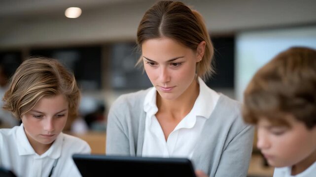 A teacher collaborates with her students using tablets and a digital whiteboard, reshaping a traditional lesson plan into an interactive, multimedia experience. Natural light fills the classroom as