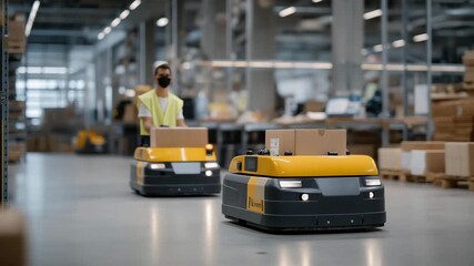 Automated guided vehicles (AGVs) gliding smoothly across a large distribution center floor, following mapped routes while workers monitor control dashboards — autonomous warehousing, innovation in - Powered by Adobe