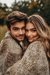 A young beautiful couple hugging under a blanket in the park.