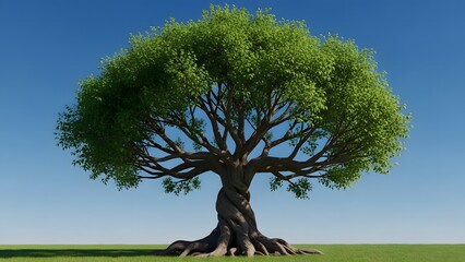 Twisted tree with lush green canopy stands alone in field under blue sky radiating serene beauty