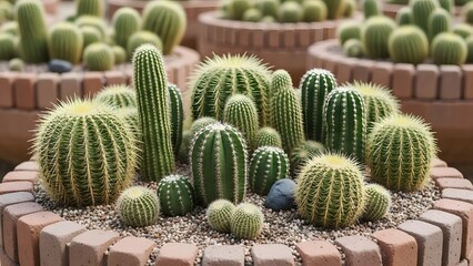 Cactus garden with circular brick planters showcasing diverse desert plants in clean decorative layout