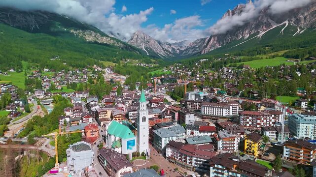 Aerial view of Cortina d'Ampezzo with Basilica, Dolomites, Italy