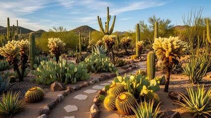 Desert landscape with diverse cacti along stone path under blue sky highlights arid beauty and biodiversity