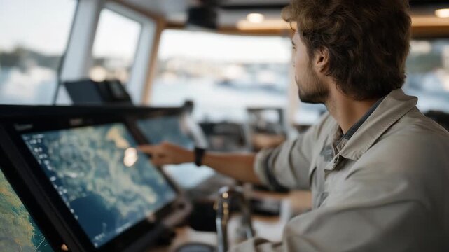 Engineers monitoring real-time pollution maps on a holographic dashboard aboard a research boat, tracking microplastics as autonomous drones skim the surface collecting debris &mdash; data-driven ocean