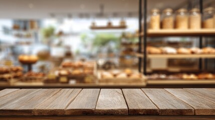 Wooden board empty table background. abstract blurred bakery shop background