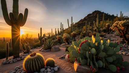 Desert sunset with glowing cacti and warm light highlights vibrant plant life and arid beauty