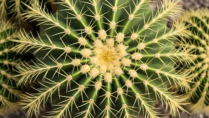 Green cactus with radial white spines and blooming yellow