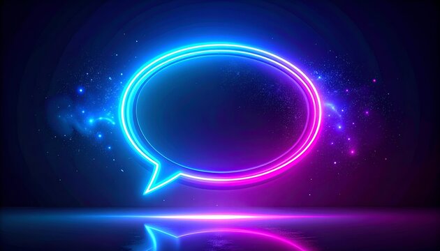 Neon chat bubble glows blue & pink against a dark backdrop with sparkles & reflection - Powered by Adobe