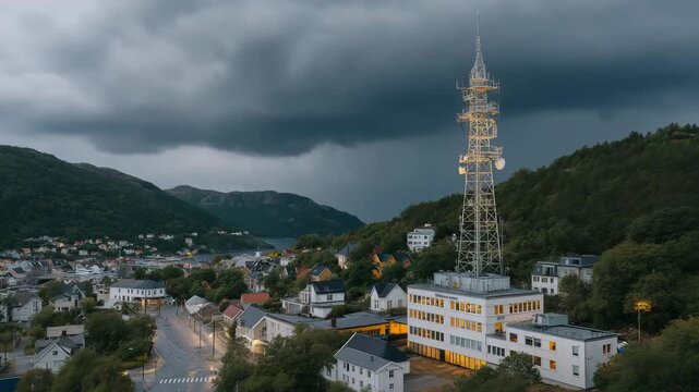 A coastal town&rsquo;s digital siren tower activating as storm alert lights flash, with dark clouds rolling in over rooftops &mdash; community preparedness, public safety infrastructure, and dramatic pre-storm
