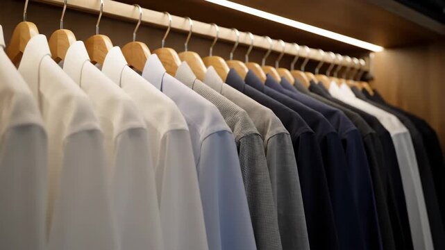 Shirts Hanging in Closet - A row of shirts hangs neatly on wooden hangers in a well-lit closet. The shirts range in color from white to dark blue and black.