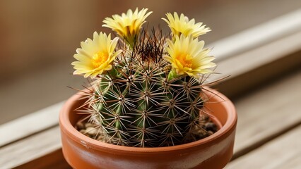 Cactus with radial spines and blooming yellow flowers in terracotta pot on wooden ledge highlights desert charm
