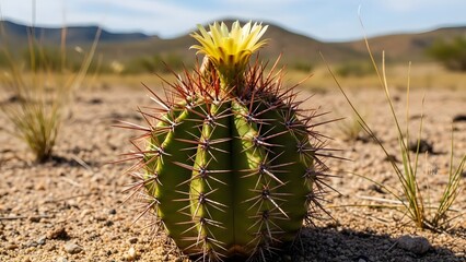 Barrel cactus with reddish spines and bright yellow bloom in desert landscape under blue sky