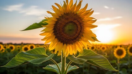 Sunflower with radiant yellow petals and spiral seed head blooms over sunset-lit field of golden flowers