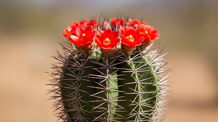 Cactus with ribbed green body and red-orange flowers blooming at top highlights desert resilience and vivid contrast