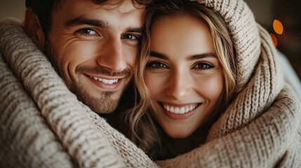 happy young beautiful couple hugging under the blanket