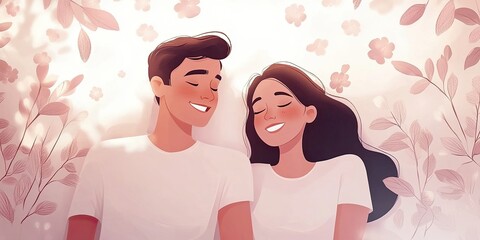 Happy lovers are relaxing in a comfortable bed, enjoying a good morning,