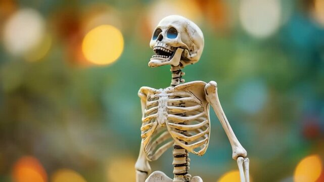 Skeleton on display: A detailed shot of a human skeleton, placed in a vibrant and artistic setting, capturing the anatomical structure and emphasizing the beauty within its form.