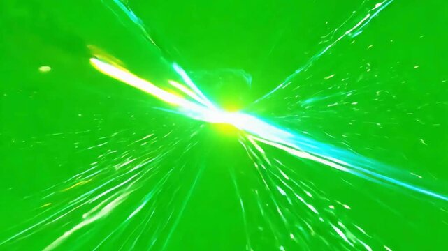 Hyper-speed light streaks and particles explode from the center, creating a futuristic, warp speed or laser beam effect on a green screen.