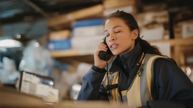A humanitarian logistics officer communicating via radio in a crowded operations hub filled with supply crates, maps, and multilingual signage &mdash; high-pressure coordination, international teamwork,