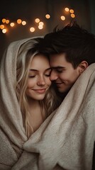 happy young beautiful couple hugging under the blanket