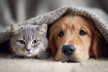 Puppy and kitten at home under the blanket.