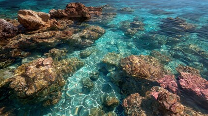 Fototapeta premium Crystal-clear, turquoise water laps against rugged, multi-colored rocks near the shore creating a sun-dappled underwater scene