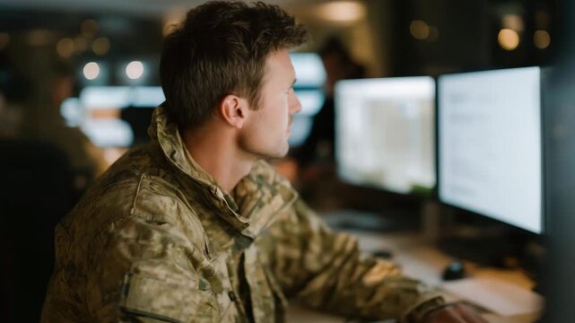 A night-shift intelligence officer analyzing infrared drone feeds in a low-light room filled with screens, marking suspicious patterns while sipping cold coffee &mdash; covert surveillance, critical