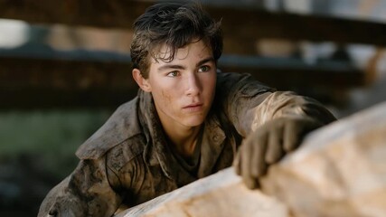 A recruit struggling through their first obstacle course, mud on their uniform and determination in their eyes as they push over a wall — resilience, physical endurance, and the raw challenge of - Powered by Adobe