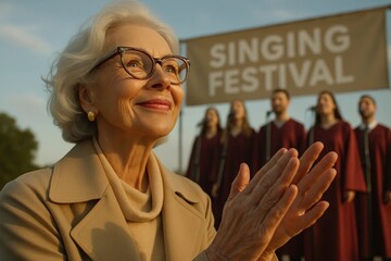 Smiling elderly woman applauding at outdoor singing festival, choir in background.