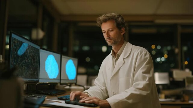 A researcher standing in a quiet laboratory after hours, reviewing data charts on large screens while scientific equipment hums softly around them &mdash; late-night dedication to scientific discovery,