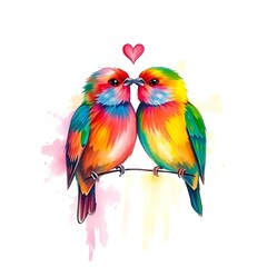 Fototapeta premium Colorful lovebirds kissing with heart above on white background