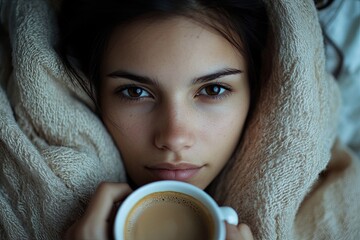Woman with a cup of coffee in the morning under a blanket in a hotel
