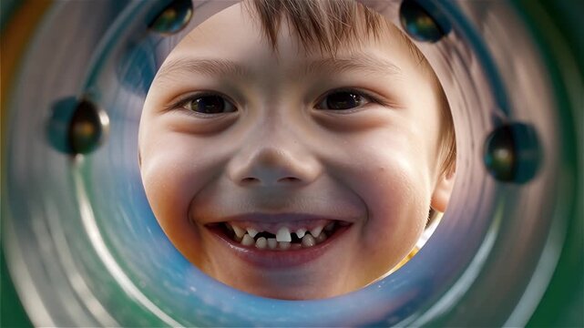 Happy Caucasian child with missing teeth smiling through colorful playground tunnel at outdoor park during summer day