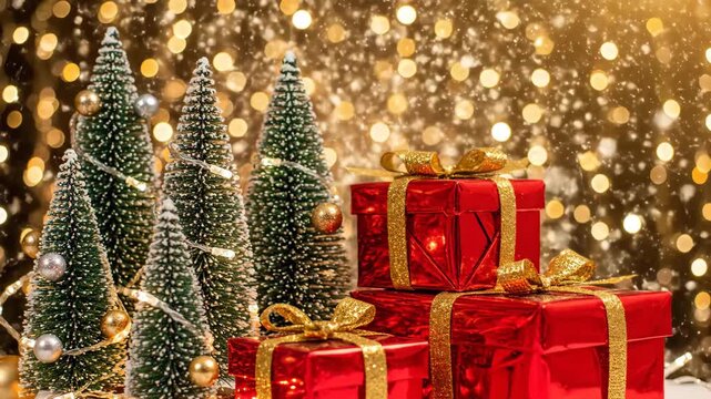 Festive Christmas Gift Arrangement - This shot features a group of red Christmas gifts with glittering gold ribbon, arranged near several small decorated Christmas trees.