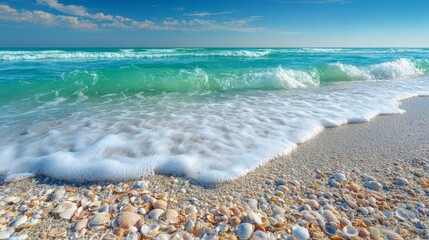 Emerald waves crash on a sandy shore speckled with seashells under a vibrant blue sky on a bright day