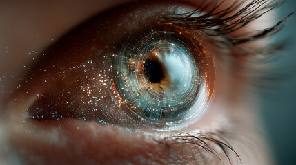 Close-up of a human eye with futuristic digital interface, representing technology and innovation in a digital world