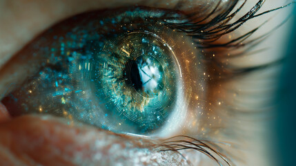 Close-up of a human eye with futuristic digital interface, representing technology and innovation in a digital world