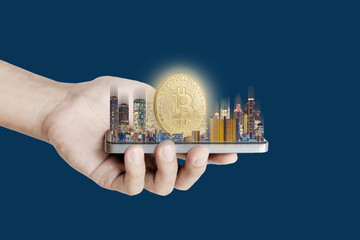 Digital crypto currency, Gold investments, exchange, on real estate, and technology, on white backgrounds