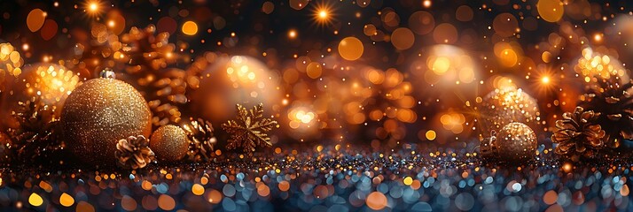 Panoramic Golden Christmas Ornaments and Bokeh Lights Festive Decoration