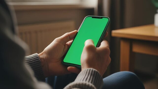 Close-up footage of person's hands holding a modern smartphone with a vivid green screen, perfect for digital content overlay and mockup presentations indoors
