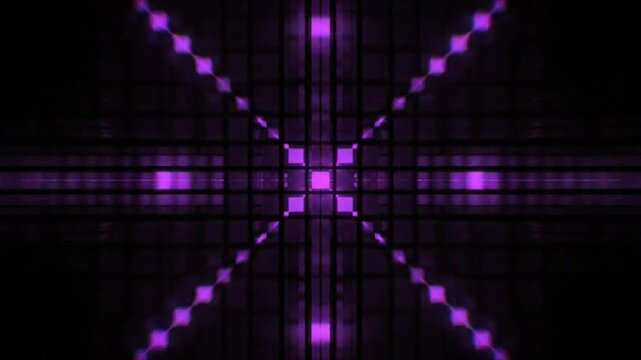 Abstract purple geometric grid tunnel with neon lights for futuristic stage show background