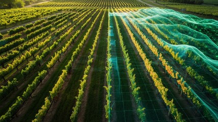 Aerial vineyard rows with digital smart farming network grid

