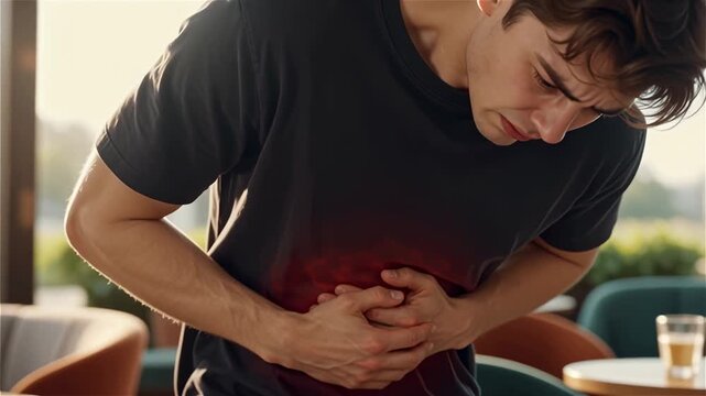Young Caucasian man experiencing severe stomach pain and abdominal cramps while sitting at restaurant table during meal
