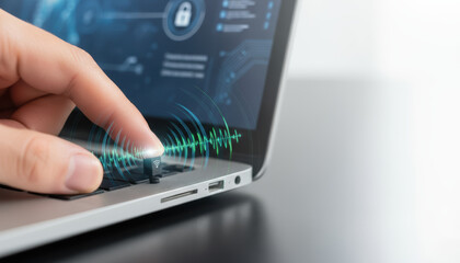 Cyber protection concept with finger activating wireless security on laptop for warfare defense and data safety