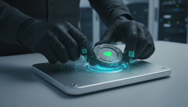 Cyber protection concept with gloved hands interacting with futuristic holographic interface on digital device in dark room for warfare defense - Powered by Adobe