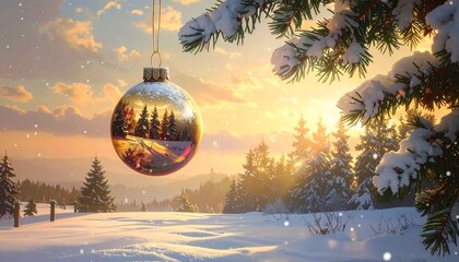 “Merry Christmas” greeting with ornament reflecting cozy cabin, snowy forest, and sunset sky.