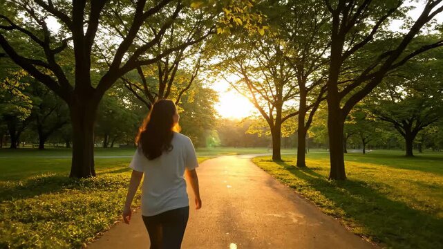 Woman Walking at Sunset in Park - A woman is walking down a paved path in a park towards the sunset. The path is lined with trees that cast long shadows on the grass and ground.
